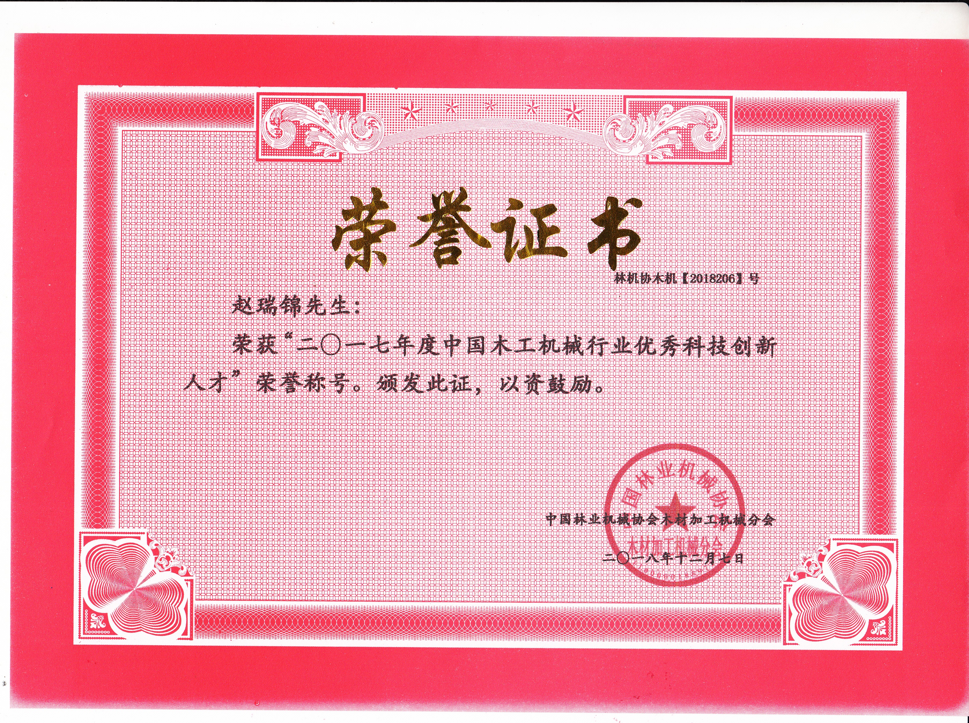 中國木工機械行業(yè)優(yōu)秀科技創(chuàng  )新人才2017年度